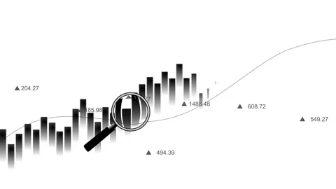 Financial chart with magnifying glass over bar graph and upward trend line .. Stock Footage 329384850
