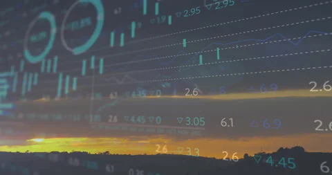 Financial chart overlay being visualized over sunset field, with candlestick Stock Footage 307885639