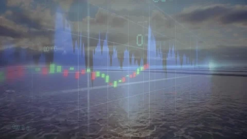 Financial chart overlay floating over horizon, displaying area graph candlestick Stock Footage 326187165