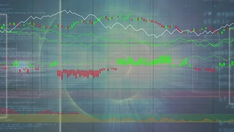Financial chart overlay starting with red point, growing trend line and bars Stock Footage 334788109