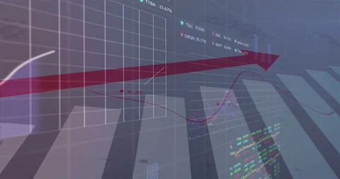 Financial chart receiving market feed, revealing red arrow, bars, line Stock Footage 331062902