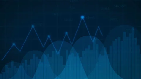 Financial chart with uptrend line graph, bar chart and stock numbers in blue Stock Footage 88827602