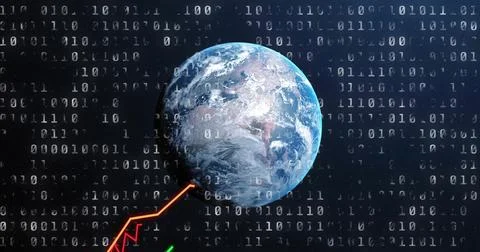 Financial charts and binary coding image over Earth, representing global data 写真素材