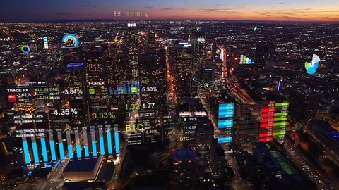 Financial charts and data in Los Angeles. Holographic info. Futuristic city. Stock Footage 96733889