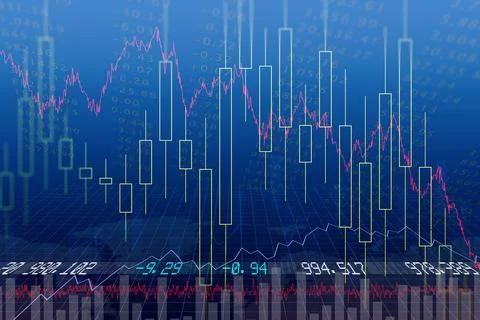 Financial charts are animating in 3D render over blue grid with candlestick bars Stock Photos