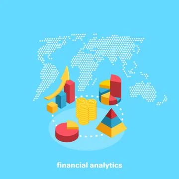 Financial charts on the background of the world map, isometric image Stock Illustration