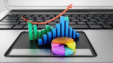 Financial charts standing on laptop computer keyboard. 3D illustration Stock Illustration