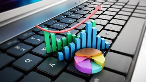 Financial charts standing on laptop computer keyboard. 3D illustration Stock Illustration