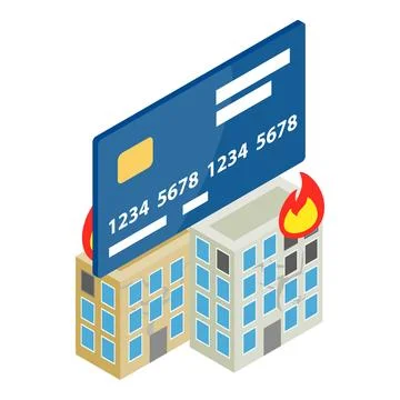 Financial compensation icon isometric vector. Destroyed building and bank card Ilustración de archivo