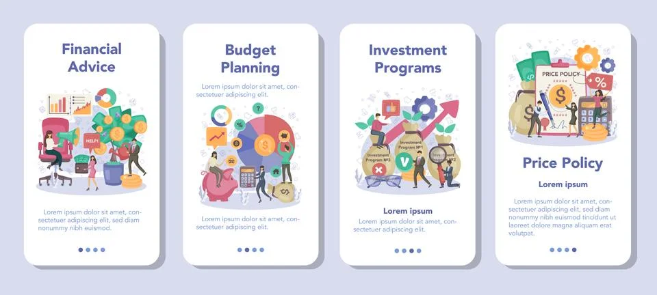 Financial consultant mobile application banner set. Business character Illustrazione stock