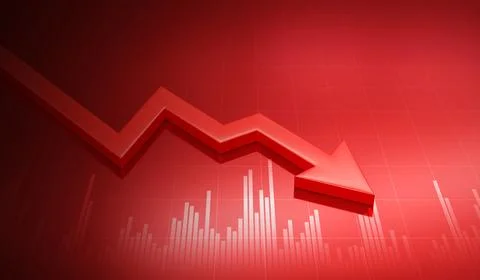 Financial crisis down 3d red arrow economy business graph on money crash ma.. Stock Photos
