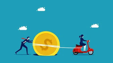 Financial crisis. Two businessmen help get coin out of financial pitfalls Stock Illustration