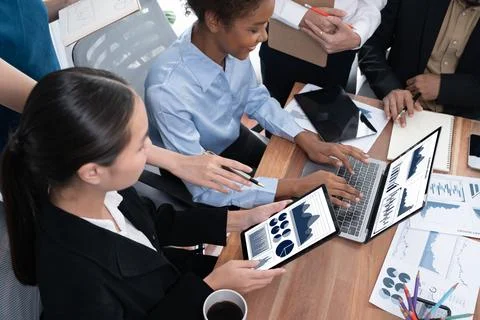 Financial dashboard data display on laptop screen. Concord Stock Photos