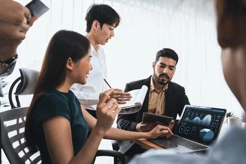 Financial dashboard data display on laptop screen. Concord Stock Photos