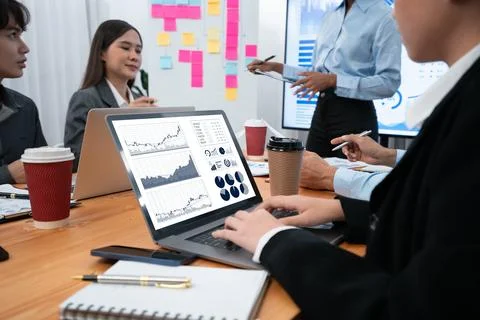 Financial dashboard data display on laptop screen. Concord Stock Photos