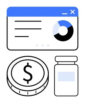Financial dashboard interface with pie chart, US dollar coin, and medicine bo Stock Illustration