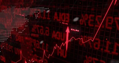 Financial dashboard on red line starting climb, arrows growing, text scrolling Stock Footage 328384357