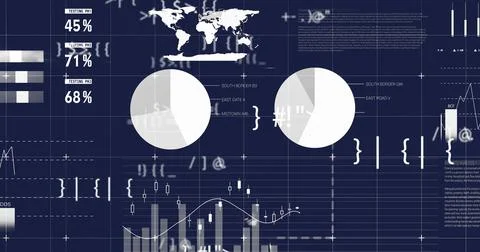 Financial data analysis and global statistics image over dark blue background Stock Photos