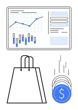 Financial Data Analysis and Shopping Bag with Dollar Coins Falling, Symboli.. Stock Illustration