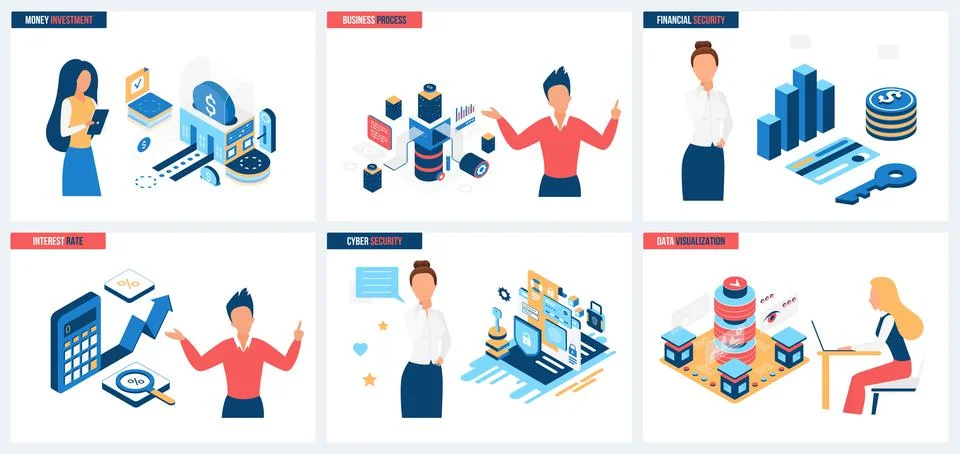 Financial data analysis and visualization, cyber security, interest rate and Stock Illustration