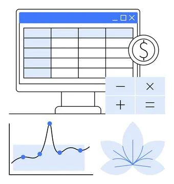 Financial Data Analysis and Visualization with Graphs and Calculations Illustrazione stock