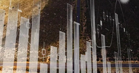 Financial data analysis animation over aerial view of road through landscape Stock Footage 305432493