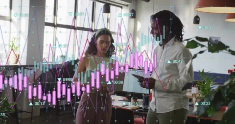 Financial data analysis animation over diverse business people discussing in Видео 306565052