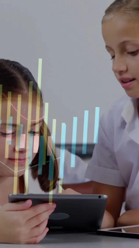 Financial data analysis animation over school children using tablets in Stock Footage 341977005