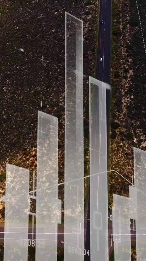 Financial data analysis animation over aerial view of road through landscape Stock Footage 341977017