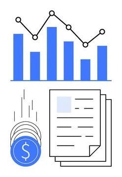 Financial data analysis with bar and line charts, falling coins, and docume.. Stock Illustration