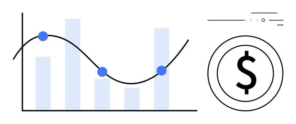 Financial Data Analysis with Bar Graph and Line Chart Featuring Dollar Symbol Stock Illustration