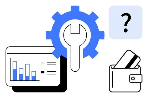 Financial data analysis with bar graph, gear with wrench, credit card in wall 스톡 일러스트