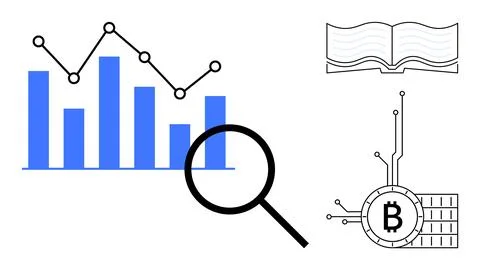 Financial Data Analysis Chart with Magnifying Glass and Bitcoin Circuit Symbo 库存插图