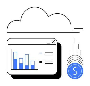 Financial Data Analysis in Cloud Computing with Bar Graph and Falling Coins Stock Illustration