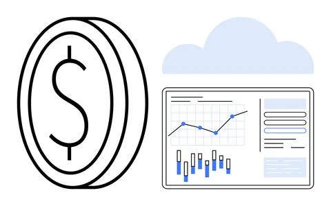 Financial data analysis with coin and cloud showing charts and graphs on scre Stock Illustration