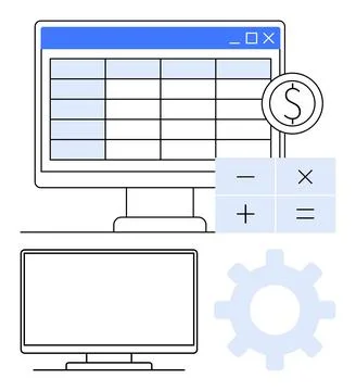 Financial data analysis on a computer screen with calculator and settings g.. Illustrazione stock