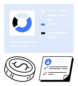 Financial data analysis concept with pie chart, document checklist, and dol.. Stockillustratie