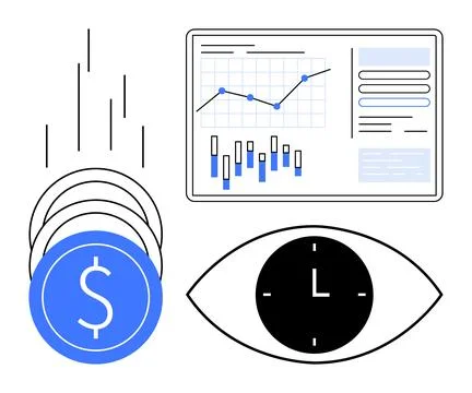 Financial Data Analysis with Currency, Eye with Clock, and Analytics Board イラスト素材