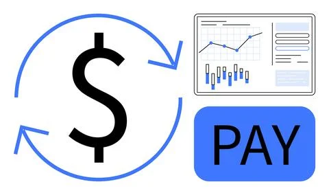 Financial data analysis with currency symbol and payment button emphasizing.. 스톡 일러스트
