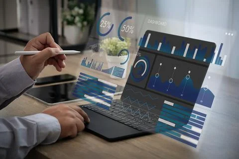 Financial data analysis dashboard with charts on laptop, business performan.. Stock Photos