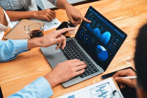 Financial data analysis dashboard display on laptop screen. Meticulous Stock Photos
