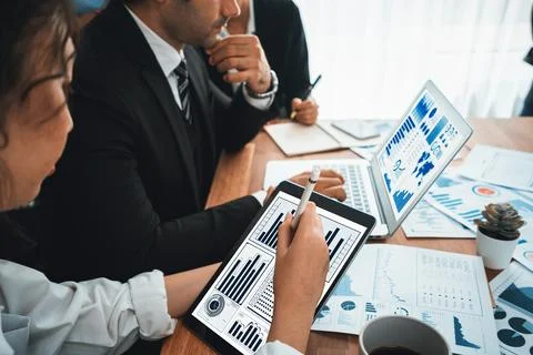 Financial data analysis dashboard display on laptop screen. Habiliment Stock Photos