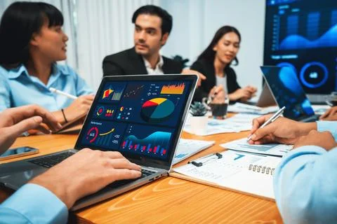 Financial data analysis dashboard display on laptop screen. Habiliment Stock Photos