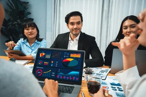Financial data analysis dashboard display on laptop screen. Habiliment Stock Photos