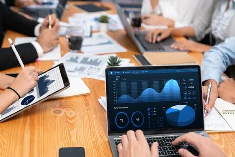 Financial data analysis dashboard display on laptop screen. Habiliment Stock Photos