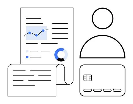 Financial data analysis document with graphs, person silhouette, and credit c Stock Illustration
