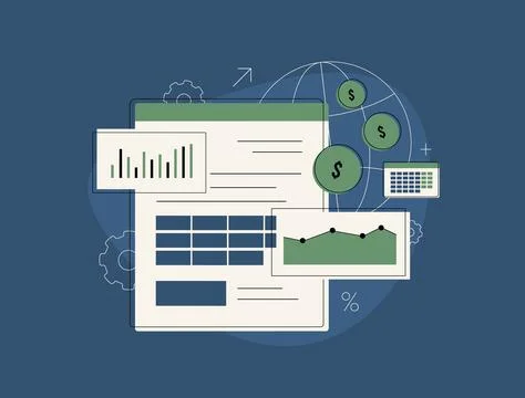 Financial data analysis with global currency management, spreadsheet report Stock Illustration
