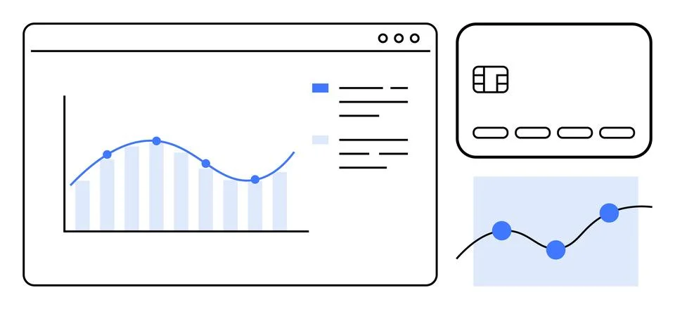 Financial Data Analysis with Graphs on Computer Screen and Credit Card イラスト素材