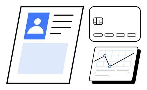 Financial Data Analysis with ID Card, Credit Card, and Graph Concept Elements Illustrazione stock