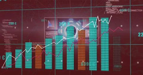 Financial data analysis image with bar graphs, line charts, and currency symbols 스톡 일러스트